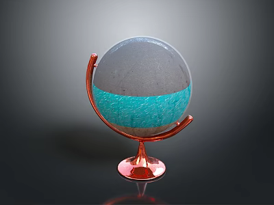 Transparent Globe Model With Blue Liquid Interior And Red Metal Stand 3d model