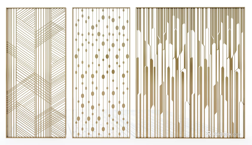 Modern Decorative Room Dividers With Different Geometric Patterns And Gold Lines 3d model 