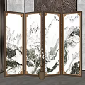 Four Panel Chinese Screen With Landscape Pattern And Marble Texture Metal Frame