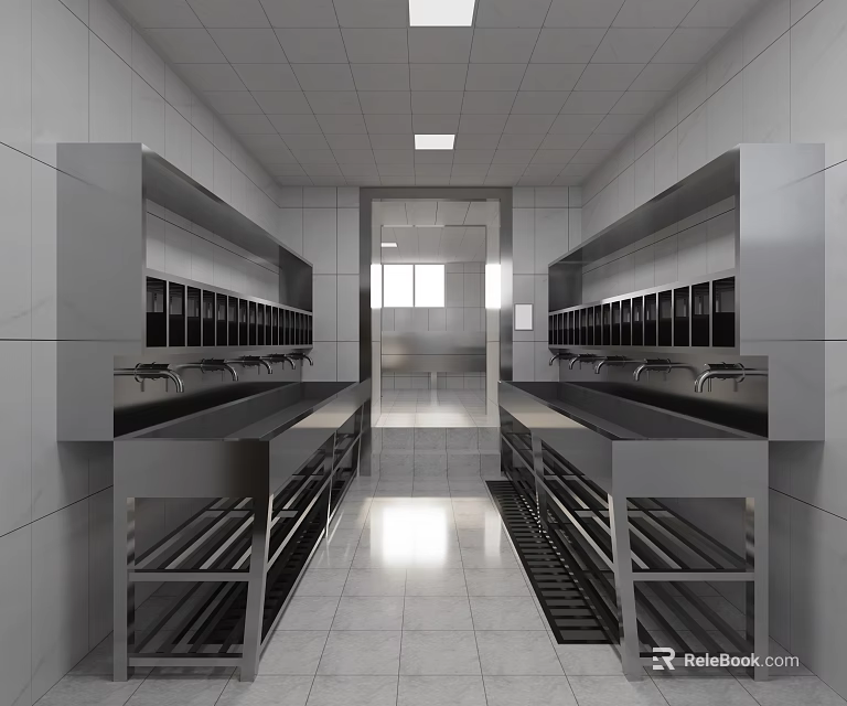 Modern Bright Public Restroom With Multiple Cubicles Stainless Steel Sinks And Tiled Walls 3d model 