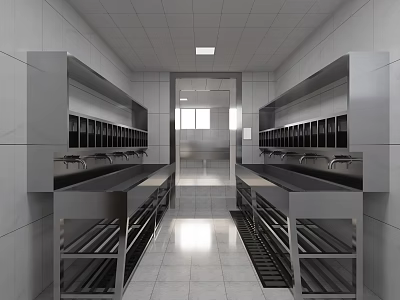 Modern Bright Public Restroom With Multiple Cubicles Stainless Steel Sinks And Tiled Walls 3d model