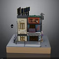 Detailed Miniature Building Model With Solar Panels Shop Sign And Striped Awning