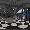 Fitness Center Reception Desk With Black And White Checkered Floor Chandelier And Green Plants
