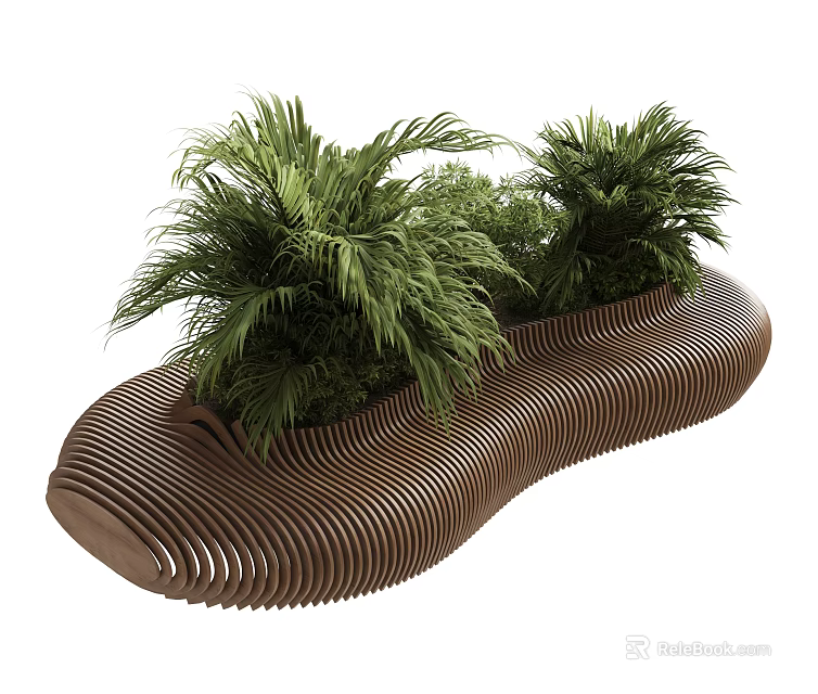 Garden Landscape With Wavy Brown Structure And Lush Green Tropical Plants 3d model 