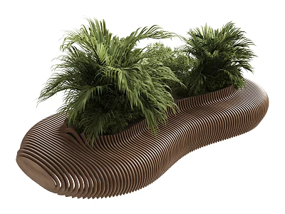 Garden Landscape With Wavy Brown Structure And Lush Green Tropical Plants 3d model