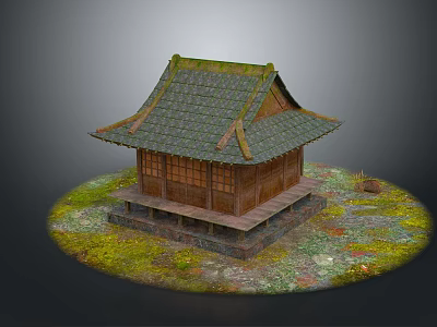Traditional Japanese Architecture With Wooden Structure Green Tile Roof And Stone Base 3d model