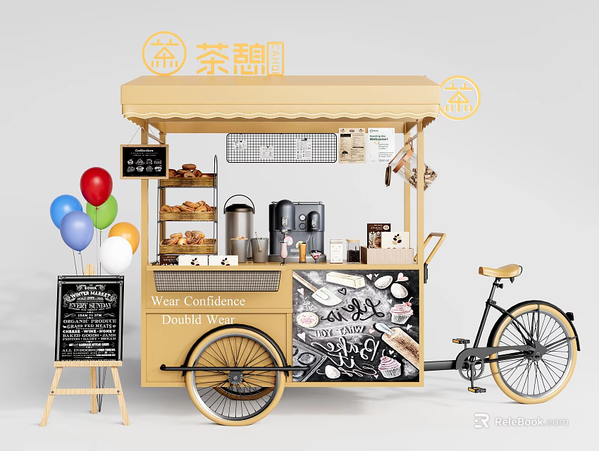 Mobile Tea And Snack Cart With Yellow Awning Bicycle Design Menu Board And Balloons 3d model 