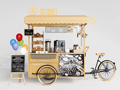 Mobile Tea And Snack Cart With Yellow Awning Bicycle Design Menu Board And Balloons 3d model