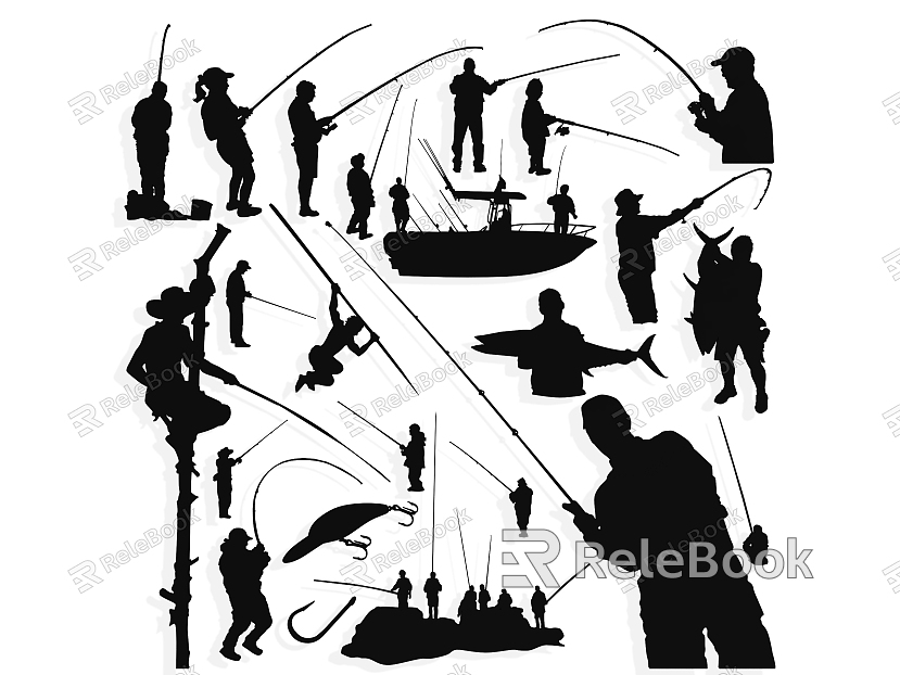 Fishing silhouette figure action boat fish design element sports wall decoration icon fishing rod fishing sea fishing fishing sports fishing gear model