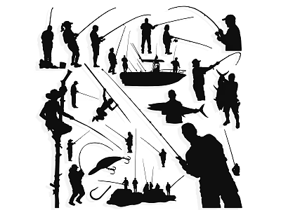 Collection of Fishing Silhouette Images With Anglers Boats Rods And Fish 3d model
