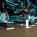 Smart Machines Featuring Illuminated Rings On Display Stands With Futuristic Tech Background 3d model