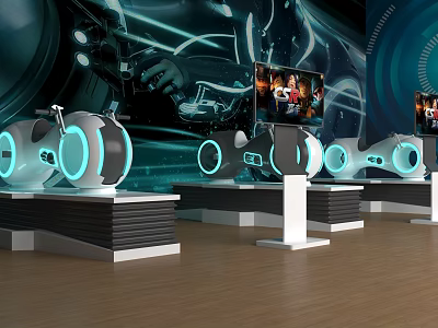 Smart Machines Featuring Illuminated Rings On Display Stands With Futuristic Tech Background 3d model