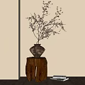 Rustic Ceramic Vase With Dry Branches On Wooden Stand Against Neutral Wall