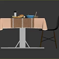 Delicious Food Arrangement On Pink Tablecloth Dining Table With Salad Bowls Drinks And Black Chair
