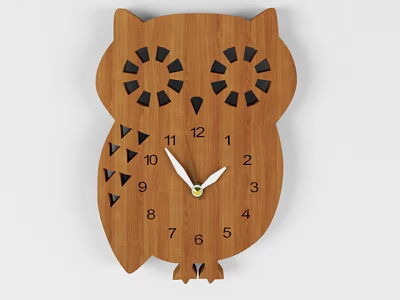 Wooden Owl Shaped Wall Clock with Black Number Markers and Classic Design 3d model