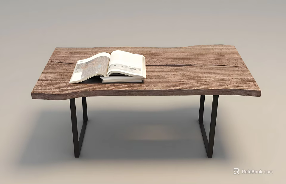 Wooden Desk With Open Book On Natural Brown Tabletop And Black Metal Legs 3d model 