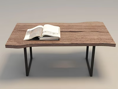 Wooden Desk With Open Book On Natural Brown Tabletop And Black Metal Legs 3d model