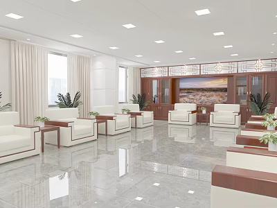 Modern Conference Room Interior With White Sofas Wooden Coffee Tables Green Plants And Large Windows 3d model