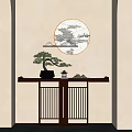 Traditional Chinese Entryway Design With Circular Landscape Painting Potted Pine And Stone Ornaments