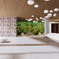 Modern Reception Area With White Curved Desk Wooden Slat Ceiling And Round Pendant Lights