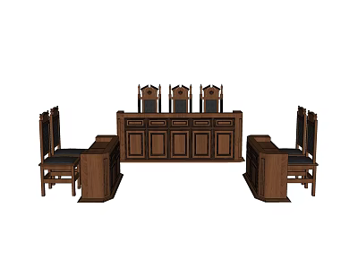 Traditional Wooden Courtroom Table and Chair Set with High Back Chairs and Long Desk 3d model