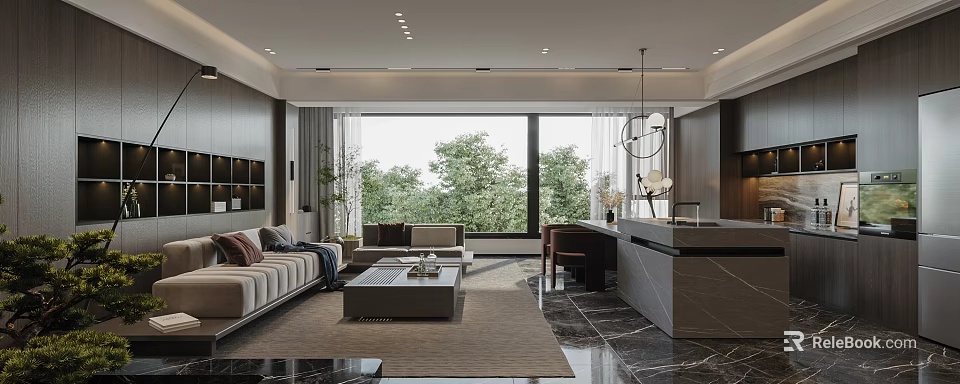 Modern Living and Dining Room Interior Design With Sofa Coffee Table And Large Window 3d model