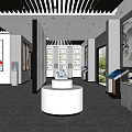 Modern Exhibition Hall Interior With Display Cabinets Artworks Round Podium Blue Lighting And Marble Flooring