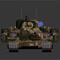 Military Green Brown Camouflage Tank With Multiple Cannons Tracks And Antennas