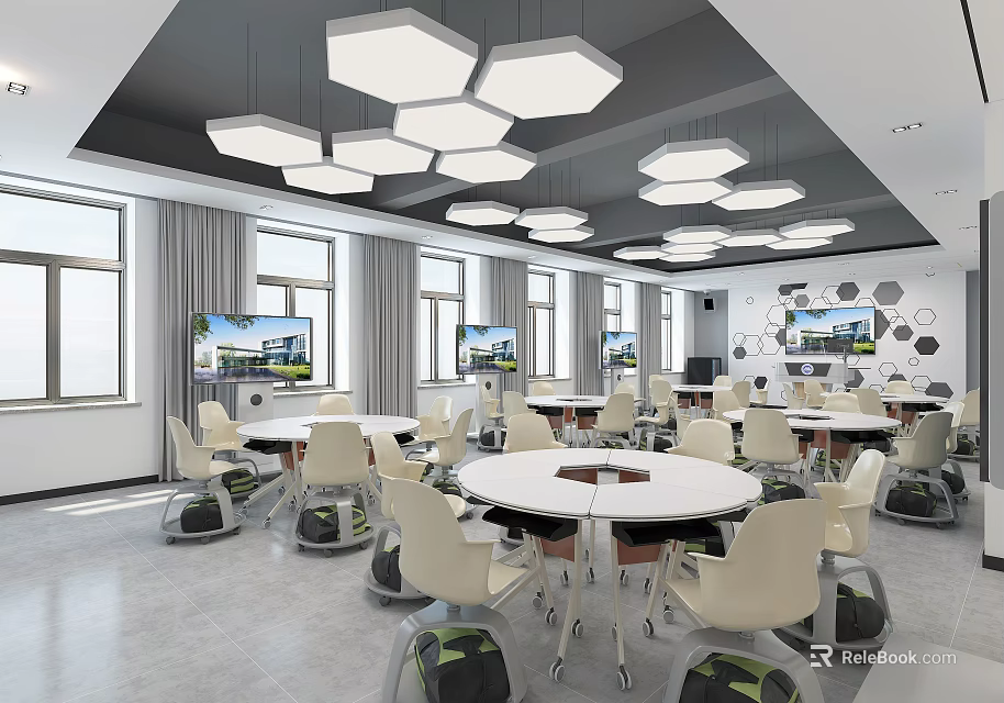Modern School Classroom With Round Tables White Chairs Hexagonal Pendant Lights Wall Screens And Windows 3d model 