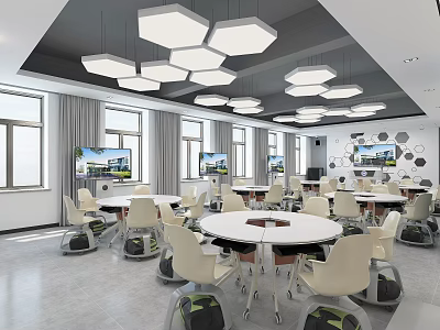 Modern School Classroom With Round Tables White Chairs Hexagonal Pendant Lights Wall Screens And Windows 3d model