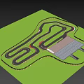 Game Character Racing On Curved Black Track With Green Background And Red White Edges