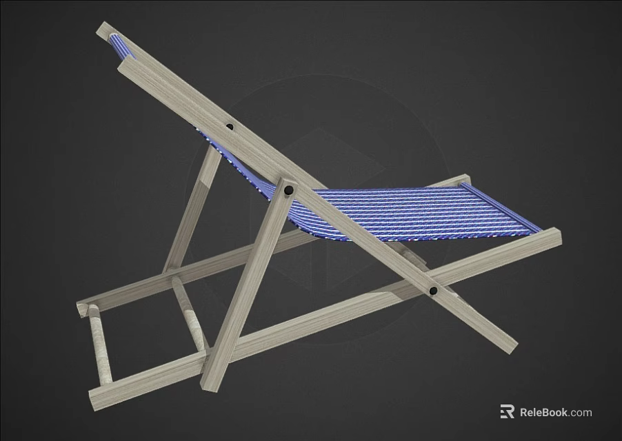 Wooden Frame Lounge Chair With Blue Striped Fabric Seat And Folding Design 3d model 