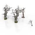 Group of Withered Trees With Distinct Twisted Shapes And Bare Branches Including One Smaller