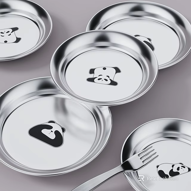 Silver Metal Dinnerware Set with Cute Panda Patterns and Matching Forks for Kitchen Dining 3d model