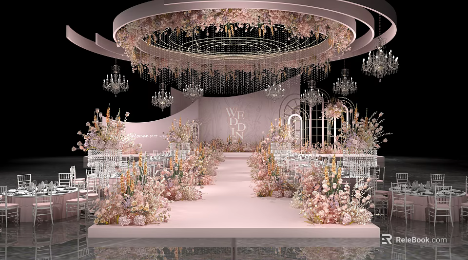 Elegant Wedding Banquet Hall With Floral Arrangements Crystal Chandeliers And Mirrored Floor 3d model 