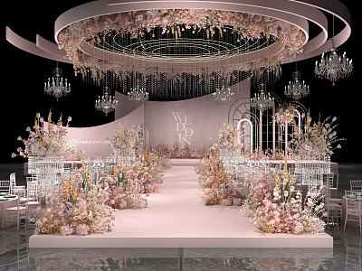 Elegant Wedding Banquet Hall With Floral Arrangements Crystal Chandeliers And Mirrored Floor 3d model