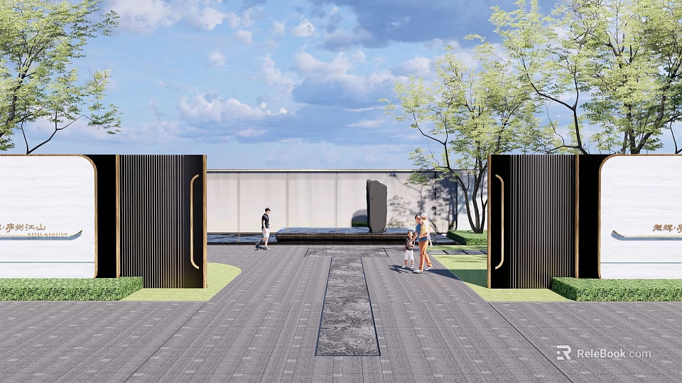 Modern Entrance Gate Design With Stone Pathway Green Trees And Open Sky 3d model 
