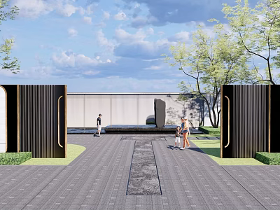 Modern Entrance Gate Design With Stone Pathway Green Trees And Open Sky 3d model