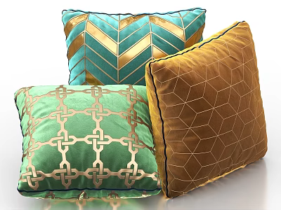 Velvet Decorative Throw Pillows With Green Chain Link Teal Chevron And Brown Hexagonal Patterns 3d model