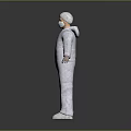 Person in White Protective Suit Standing with Arms Outstretched on Gray Background