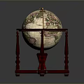 Vintage Red Wooden Globe Stand With Floral Pattern Decorative Furniture Piece
