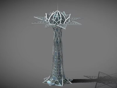 Futuristic Tall Tower Building With Radial Top And Streamlined Metal Glass Design 3d model