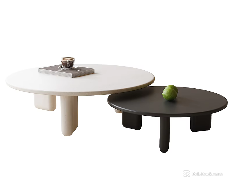 Modern Minimalist White And Black Round Coffee Tables With Tray Decorative Item And Green Apple 3d model 