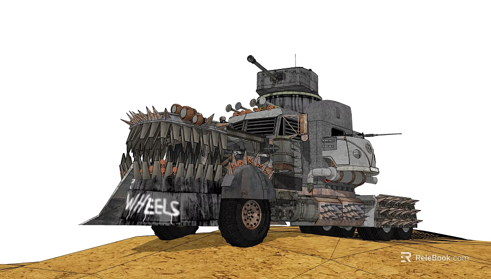 Spiked Industrial Functional Vehicle With Tank Turret Tracks Wheels And Side WHEELS Lettering 3d model 