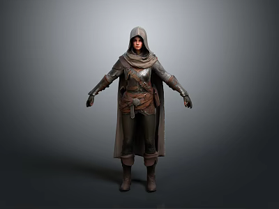 Woman in Hooded Cloak and Armor With Leather Belt and Boots Standing Against Gray Background 3d model