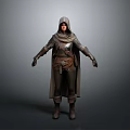 Woman in Hooded Cloak and Armor With Leather Belt and Boots Standing Against Gray Background