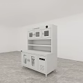 White Kitchen Appliance Cabinet With Glass Doors Drawers And Simple Design On Gray Marble Floor