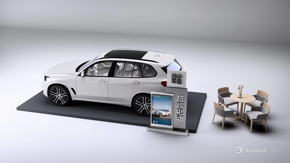 White SUV Electric Vehicle Showroom Display With Exhibition Stand And Seating Area 3d model 