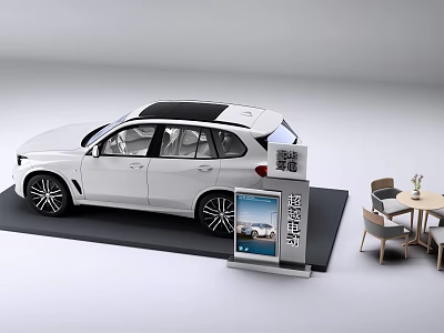 White SUV Electric Vehicle Showroom Display With Exhibition Stand And Seating Area 3d model