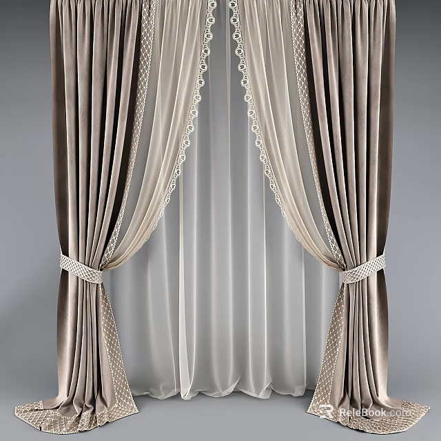 Elegant Beige Curtains With Sheer Lining And Lace Trim Tiebacks For Home Window 3d model 